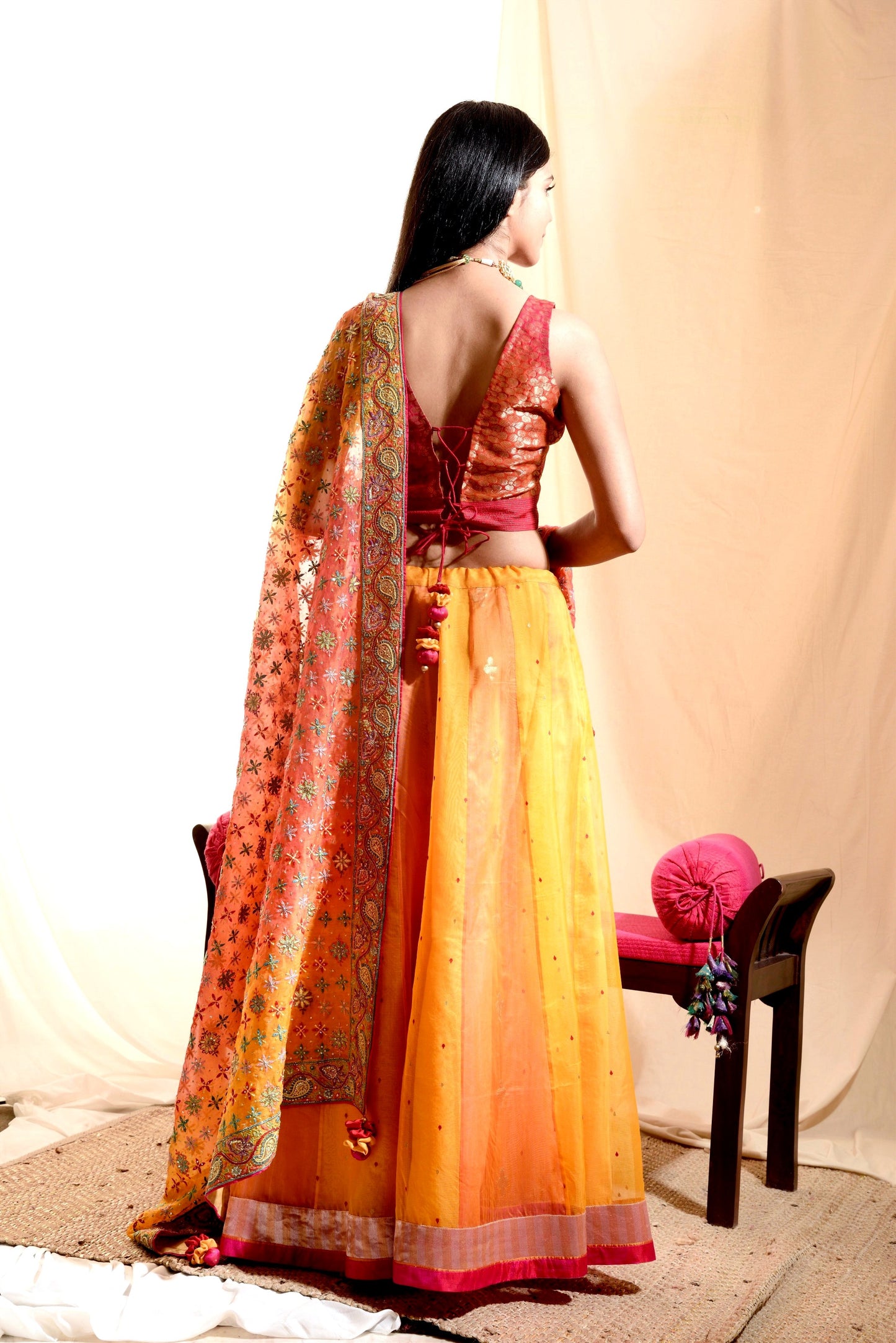 Sunder Orange Silk organza Lehenga