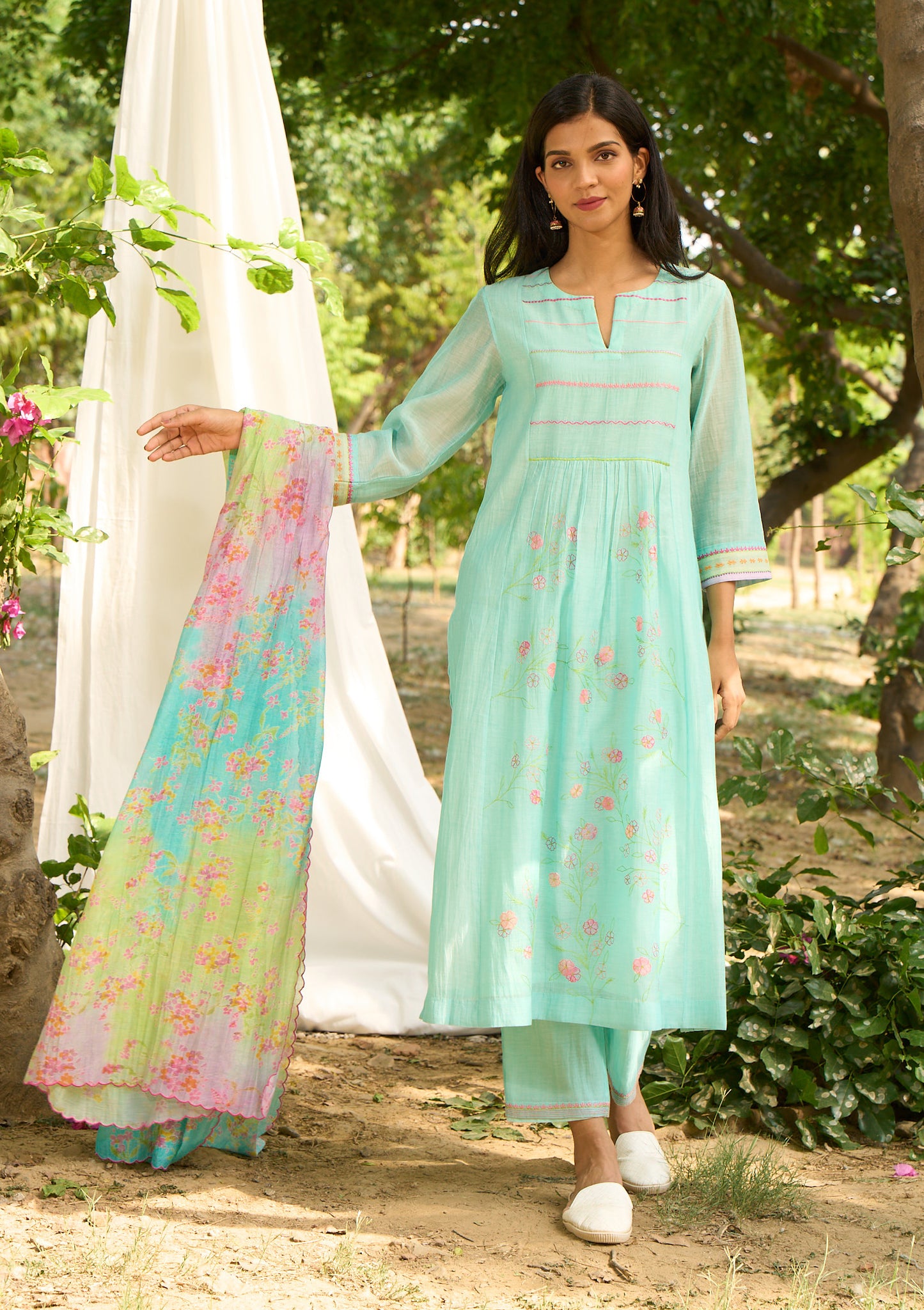 Papiha Turquoise Kurta  (Set of 3)