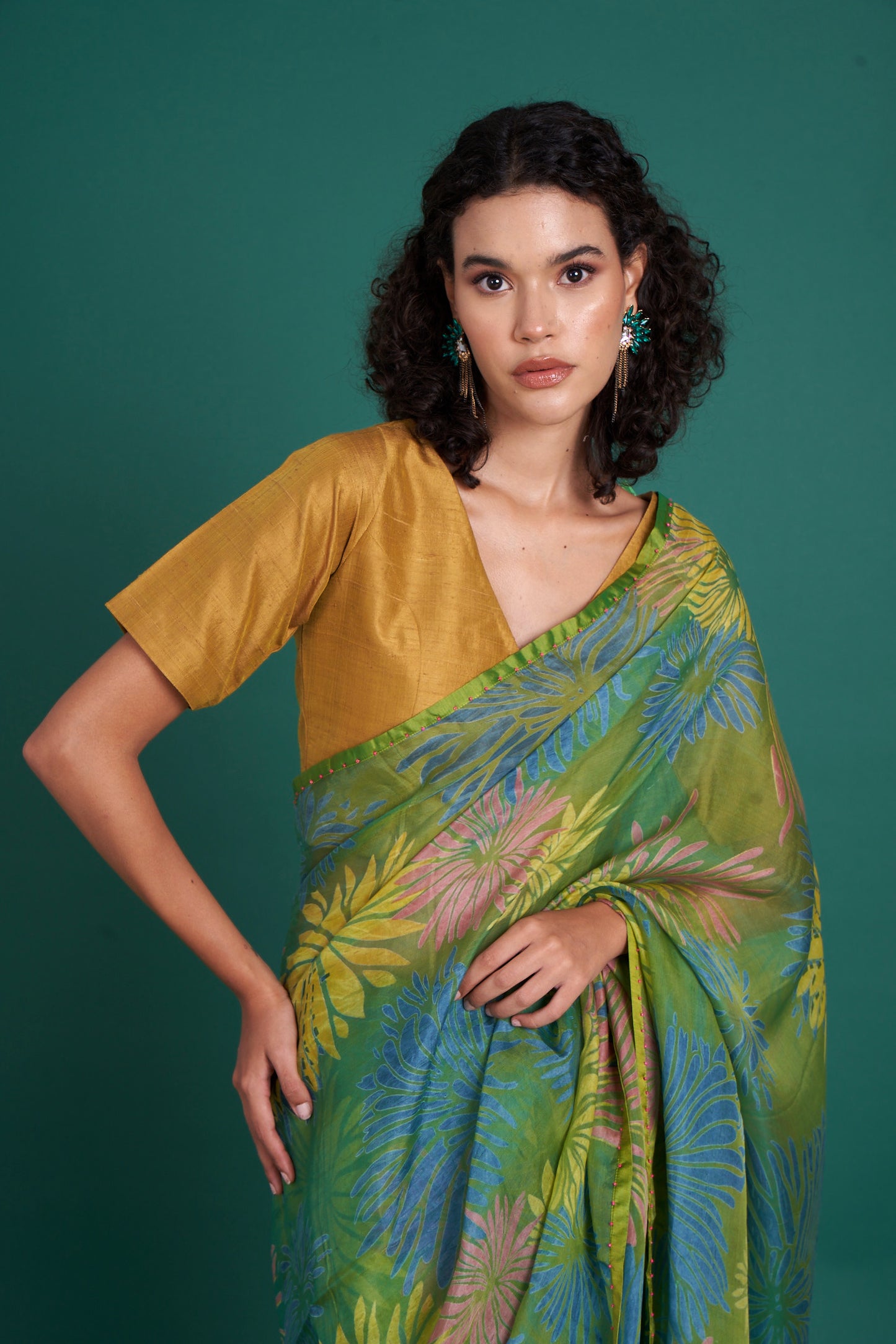 HIMAWARI Green Saree  (Set of 2)