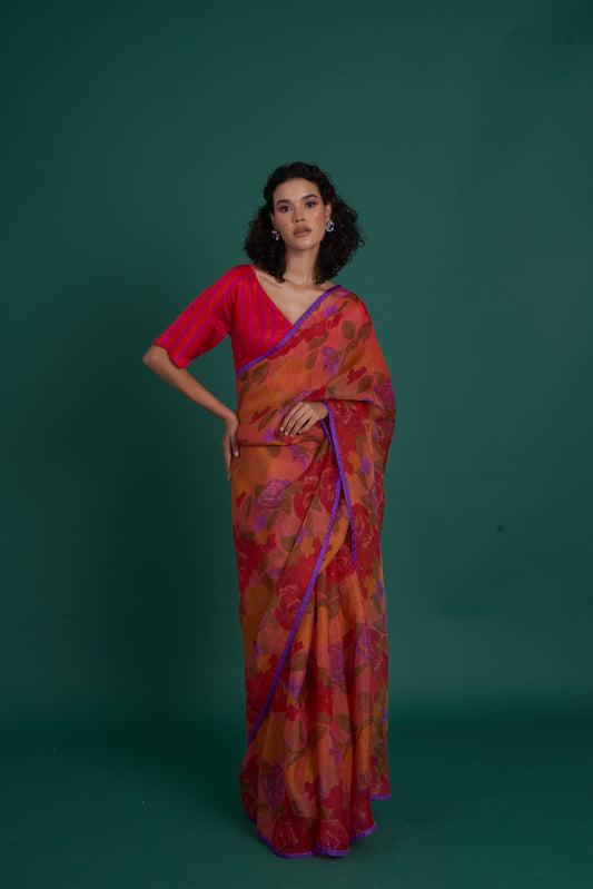 Iris Red multi Saree  (Set of 2)