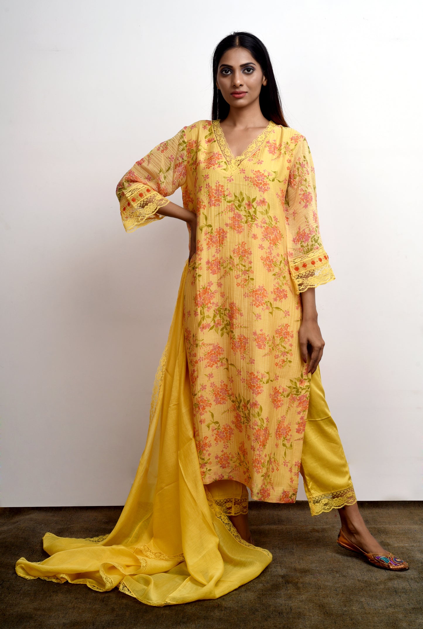 Sadabahaar Yellow Floral Printed Kurta (Set of 3)