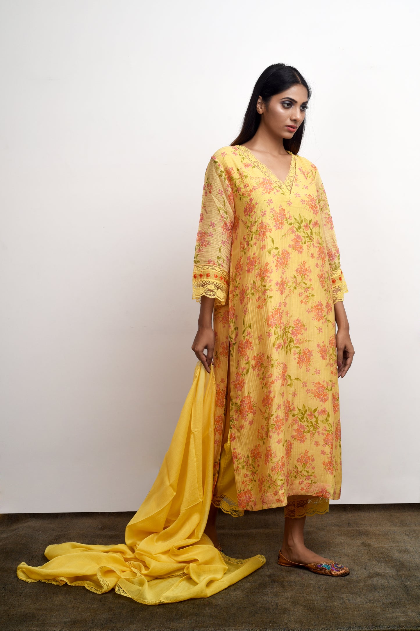 Sadabahaar Yellow Floral Printed Kurta (Set of 3)