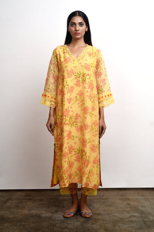 Sadabahaar Yellow Floral Printed Kurta (Set of 3)