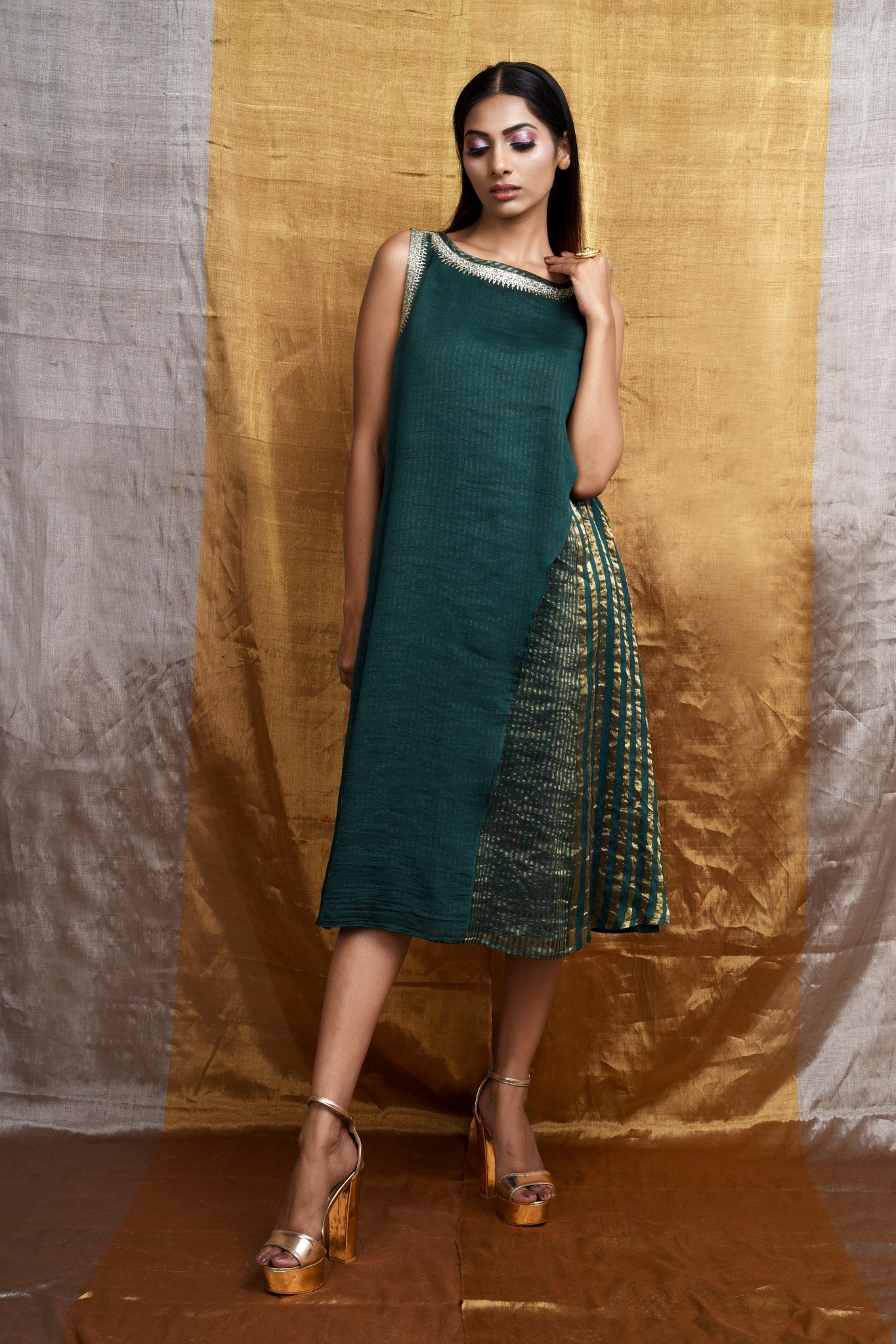 Glam Handwoven Silk Dress (Dark Green)