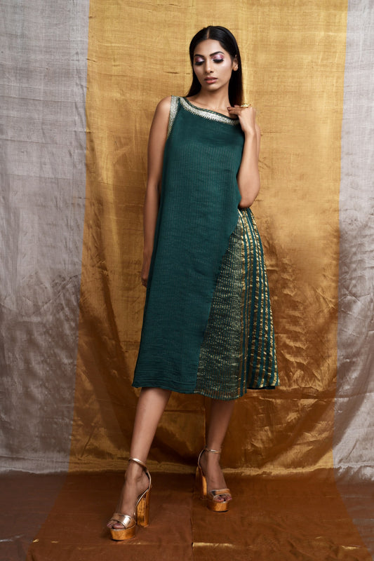Glam Handwoven Silk Dress (Dark Green)