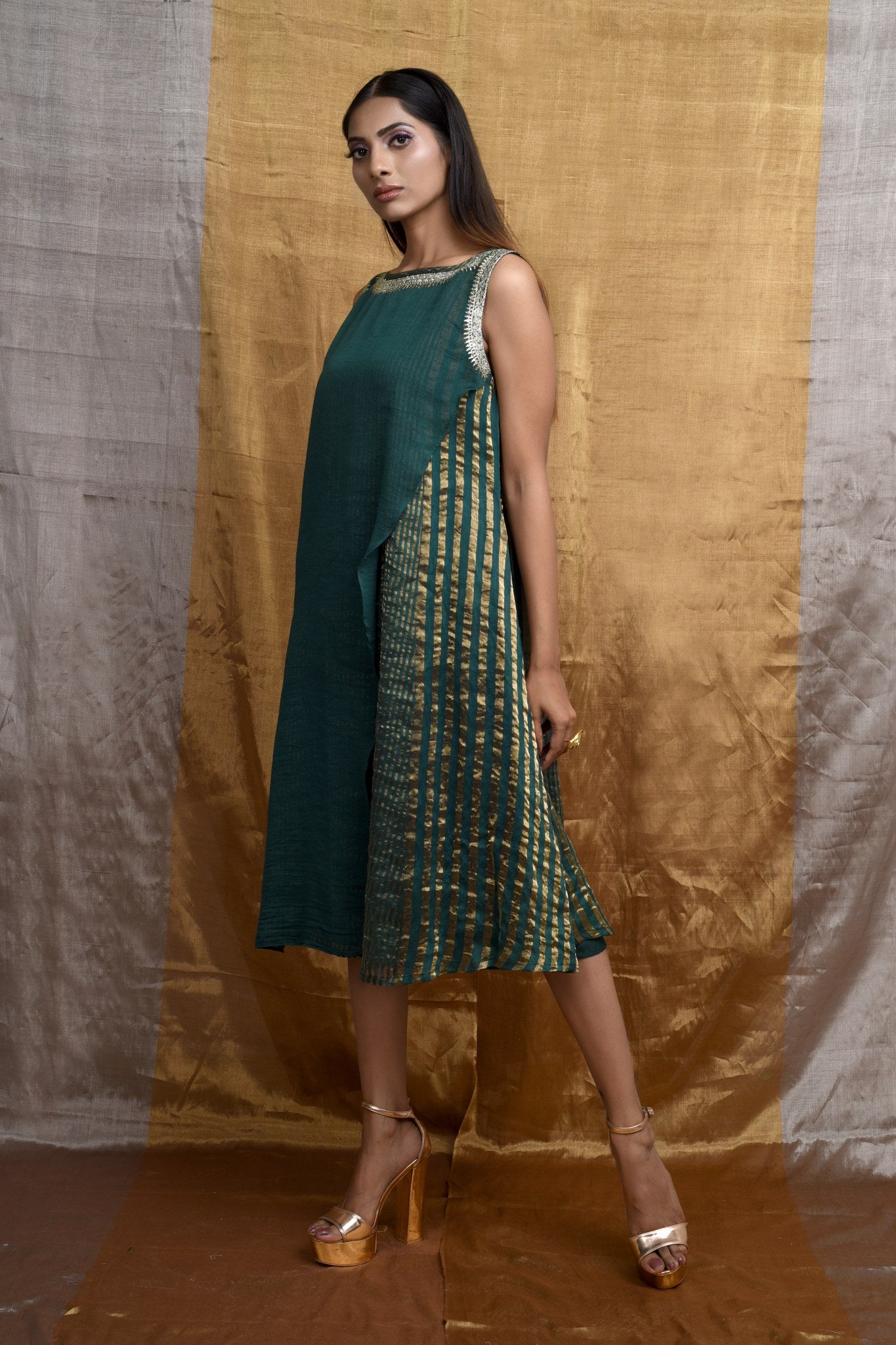 Glam Handwoven Silk Dress (Dark Green)