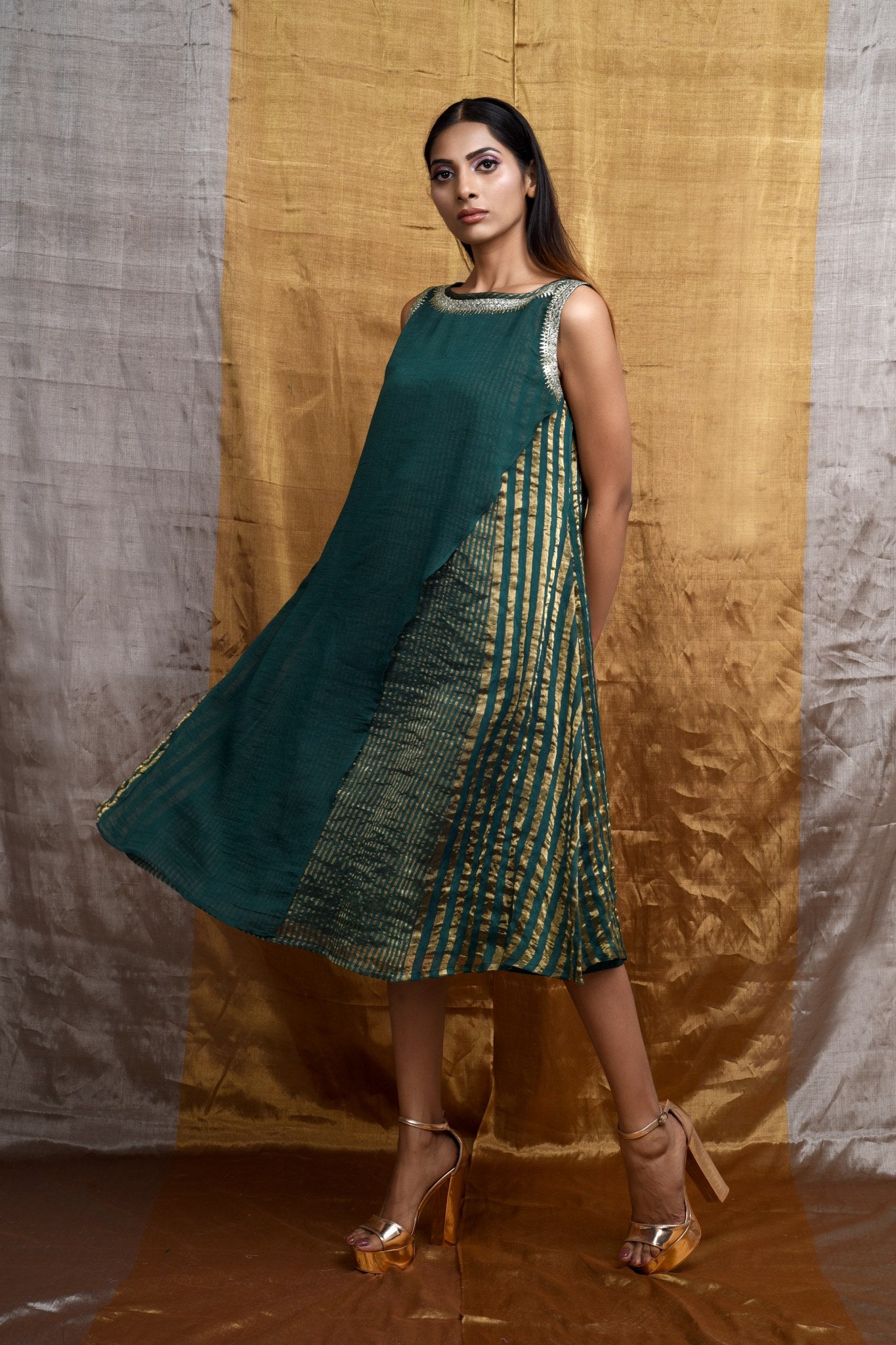 Glam Handwoven Silk Dress (Dark Green)