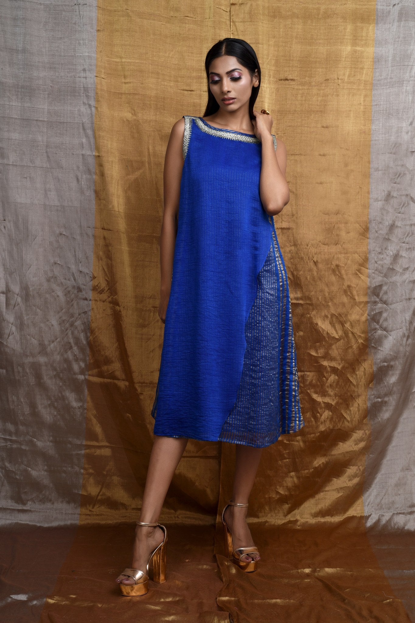 Glam Handwoven Silk Dress (Royal Blue)