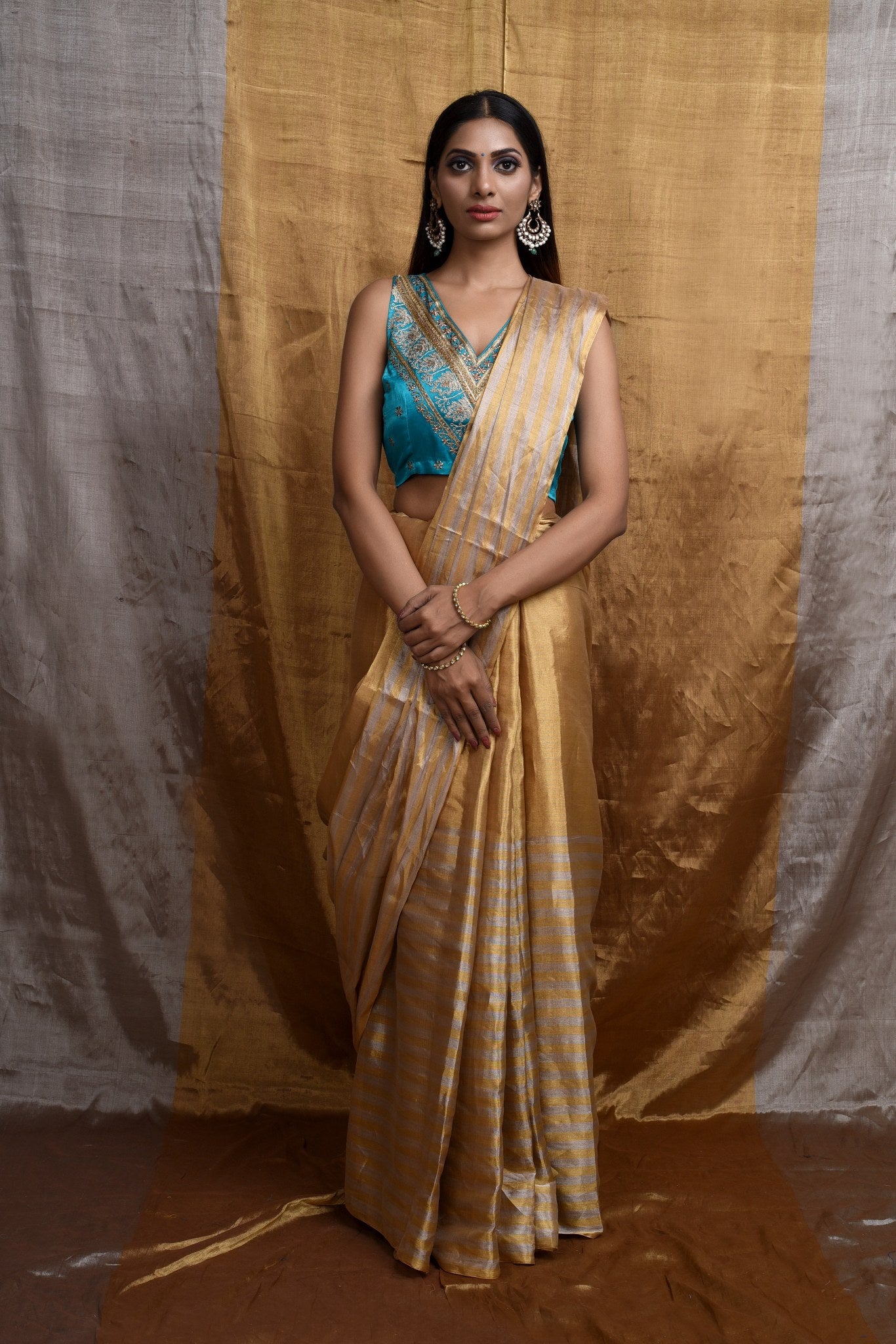 Golden Colour Saree with Contrast Blouse | Banarasi Saree Online