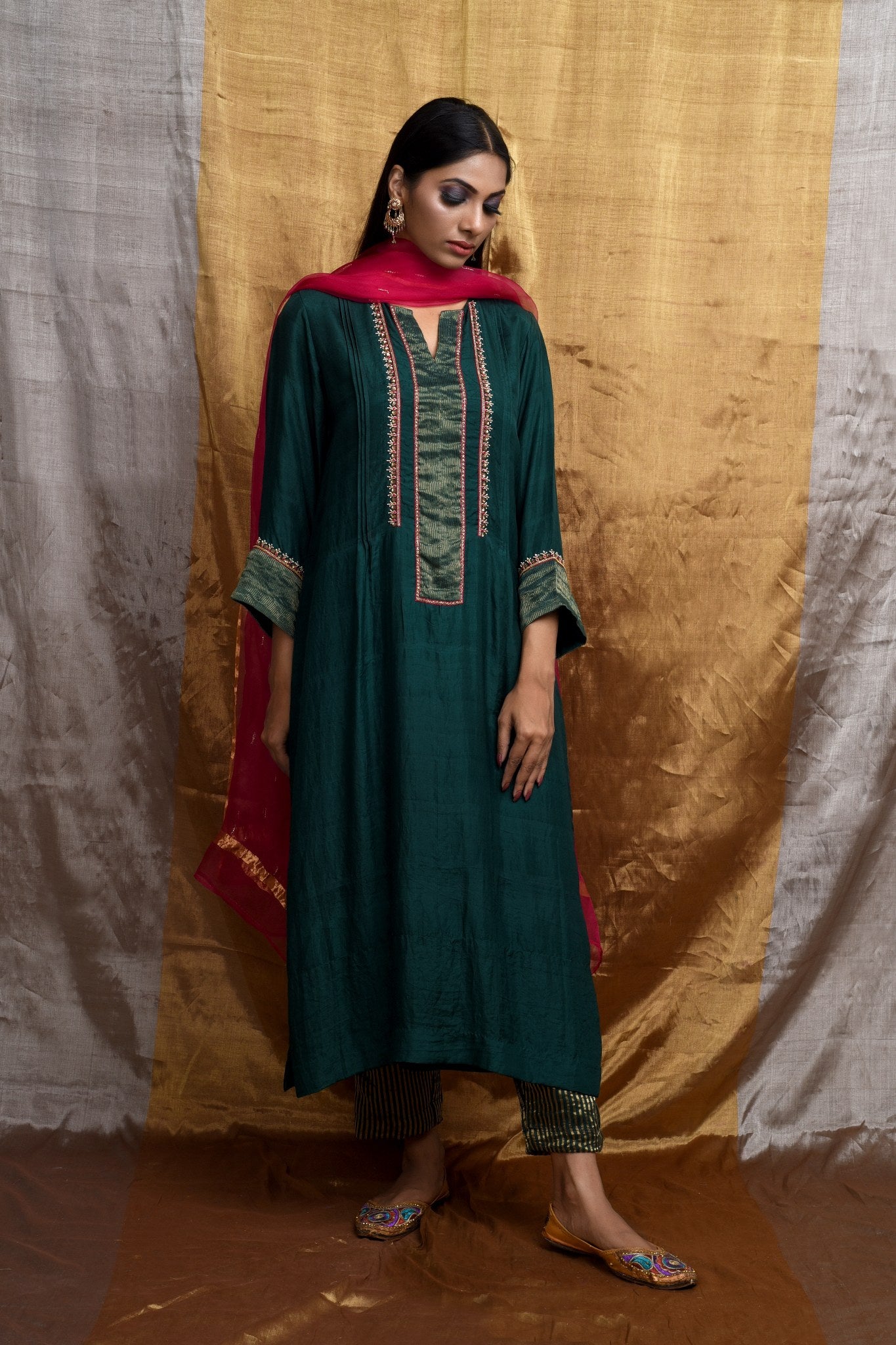 Bisesh Creation Dark Green Slub Rayon Syroshki Worked Kurti For Women