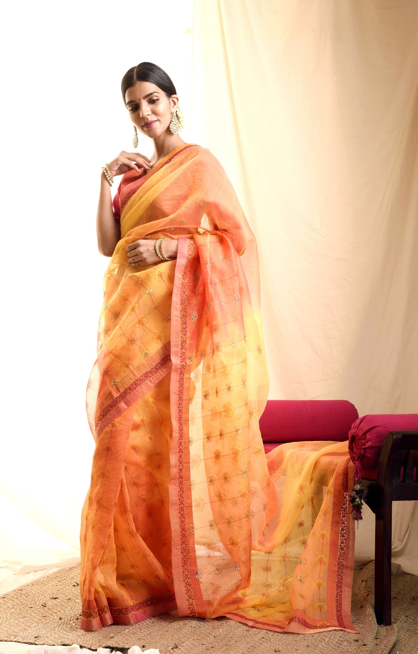 Damak Orange Silk Saree