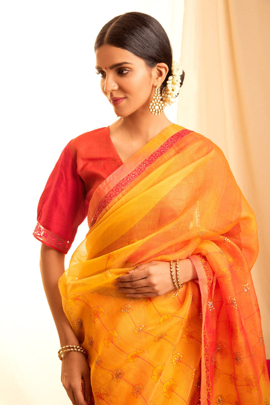 Damak Orange Silk Saree