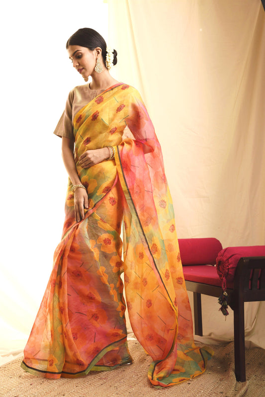 Phool Orange Multicolour Silk Saree