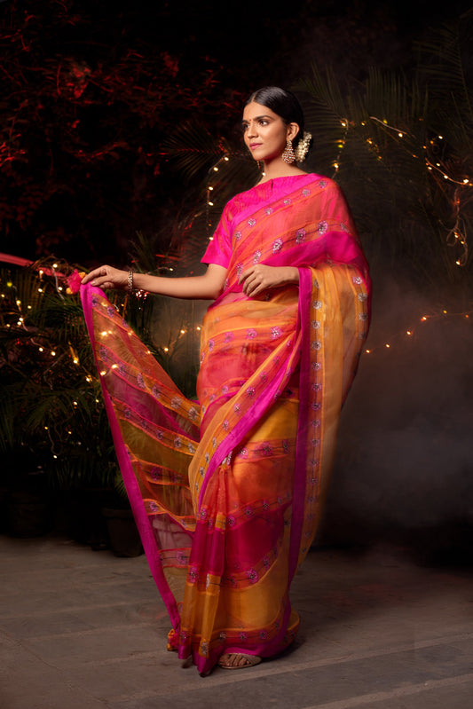 Rashmi Pink & Orange Organza Silk Saree