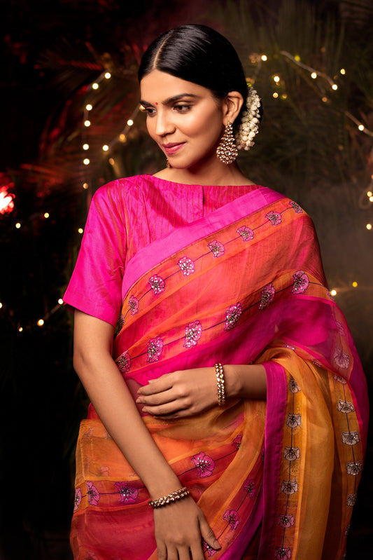 Shop Orange Bishnupur Silk Saree Online in USA with Pink Zari Border – Pure  Elegance