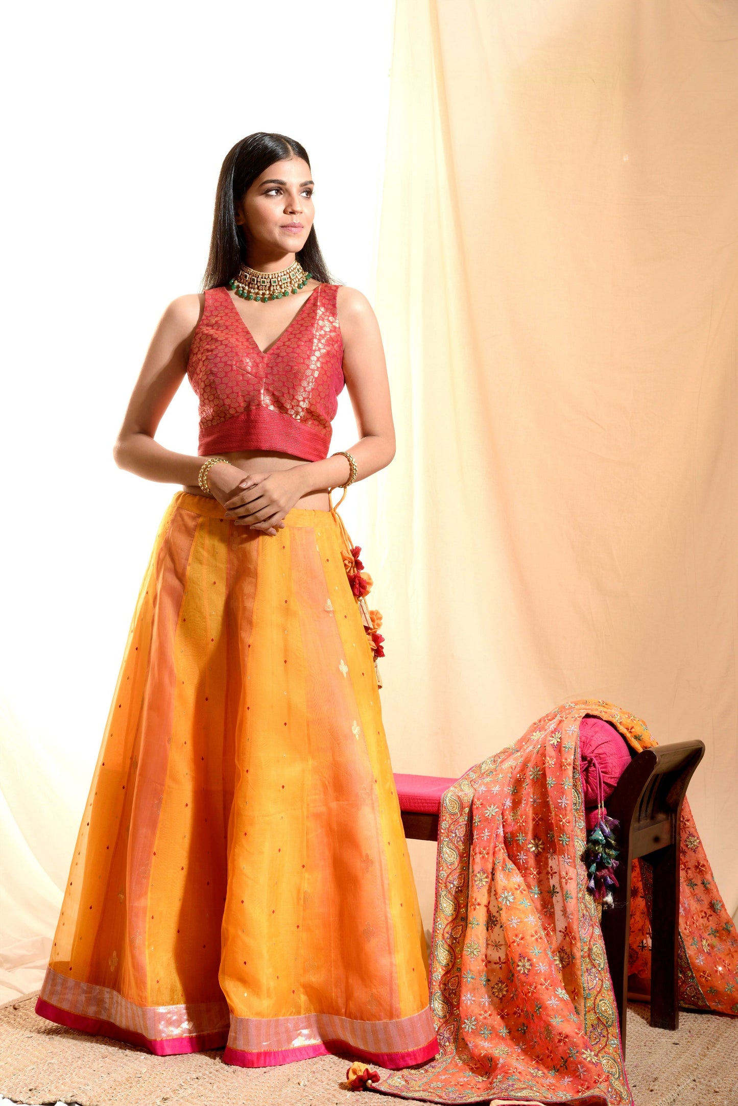 Sunder Orange Silk organza Lehenga