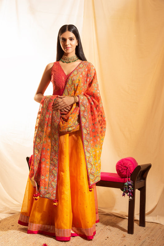 Sunder Orange Silk organza Lehenga