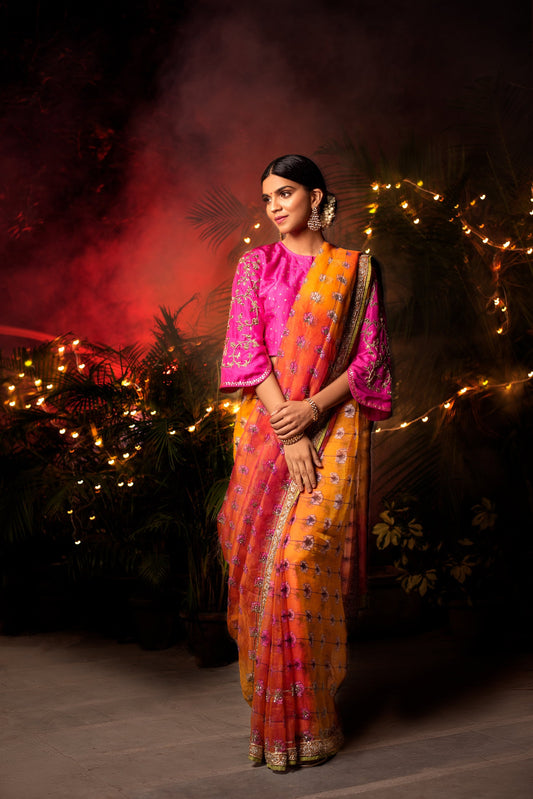 Vishal Prints Hot Pink And Orange Silk Weaving Saree With Zari Border