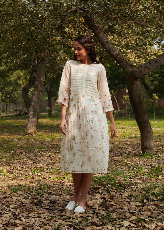 Joy White Floral-Pleated Dress