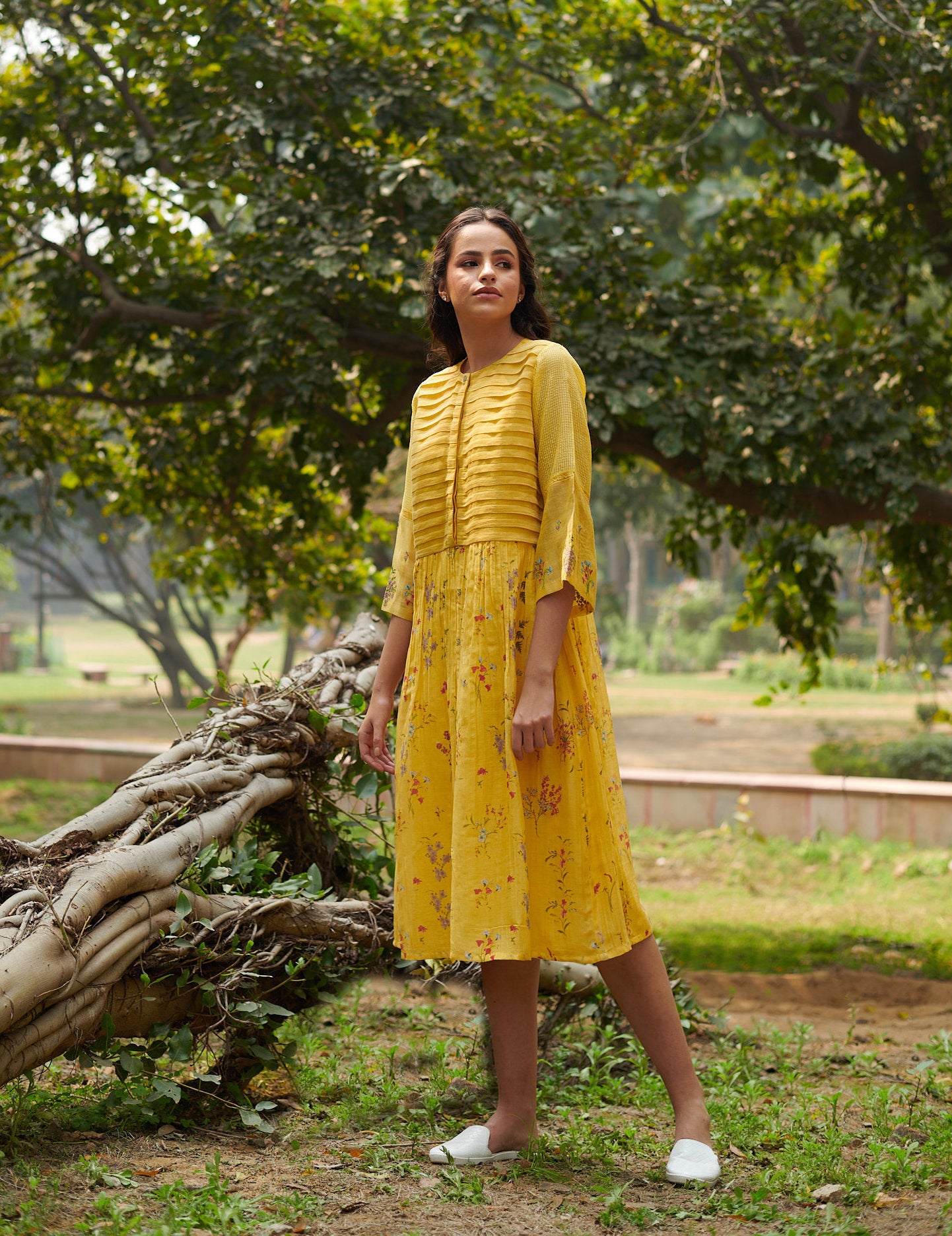 Joy  Yellow Floral-Pleated Dress