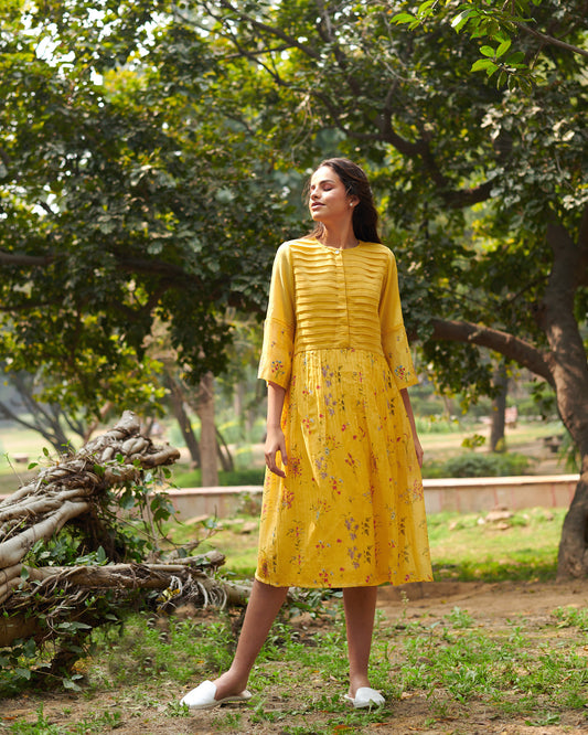 Joy  Yellow Floral-Pleated Dress