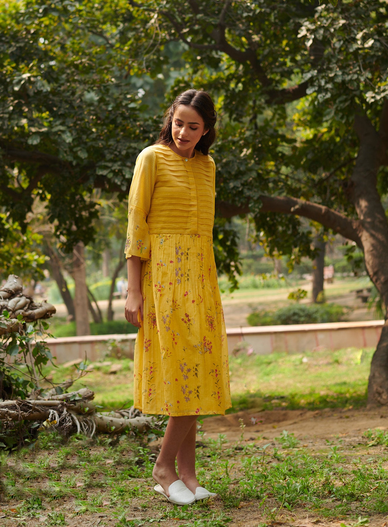 Joy  Yellow Floral-Pleated Dress