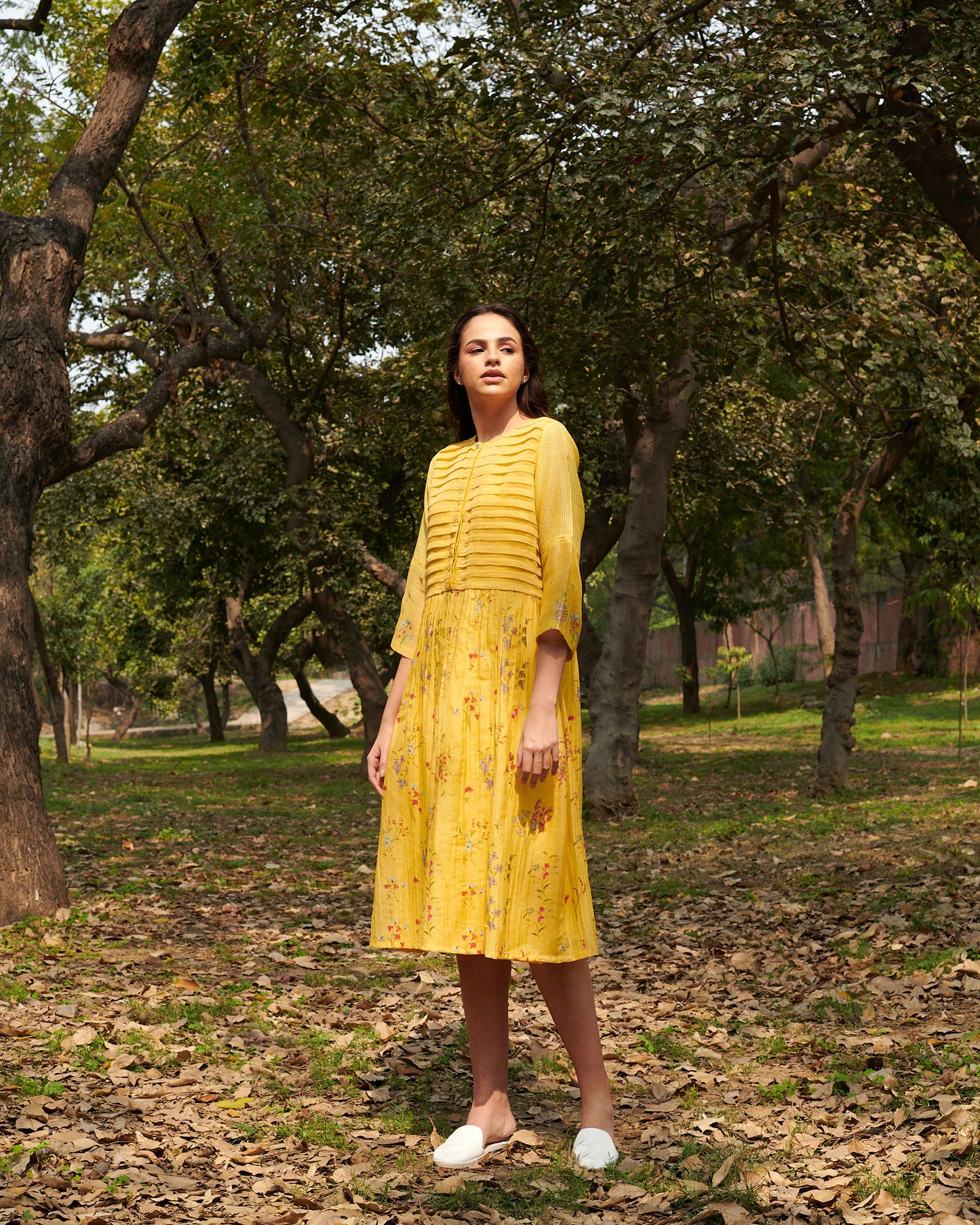 Joy  Yellow Floral-Pleated Dress