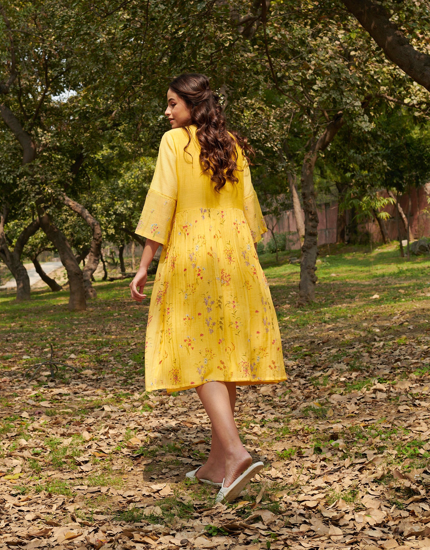 Joy  Yellow Floral-Pleated Dress