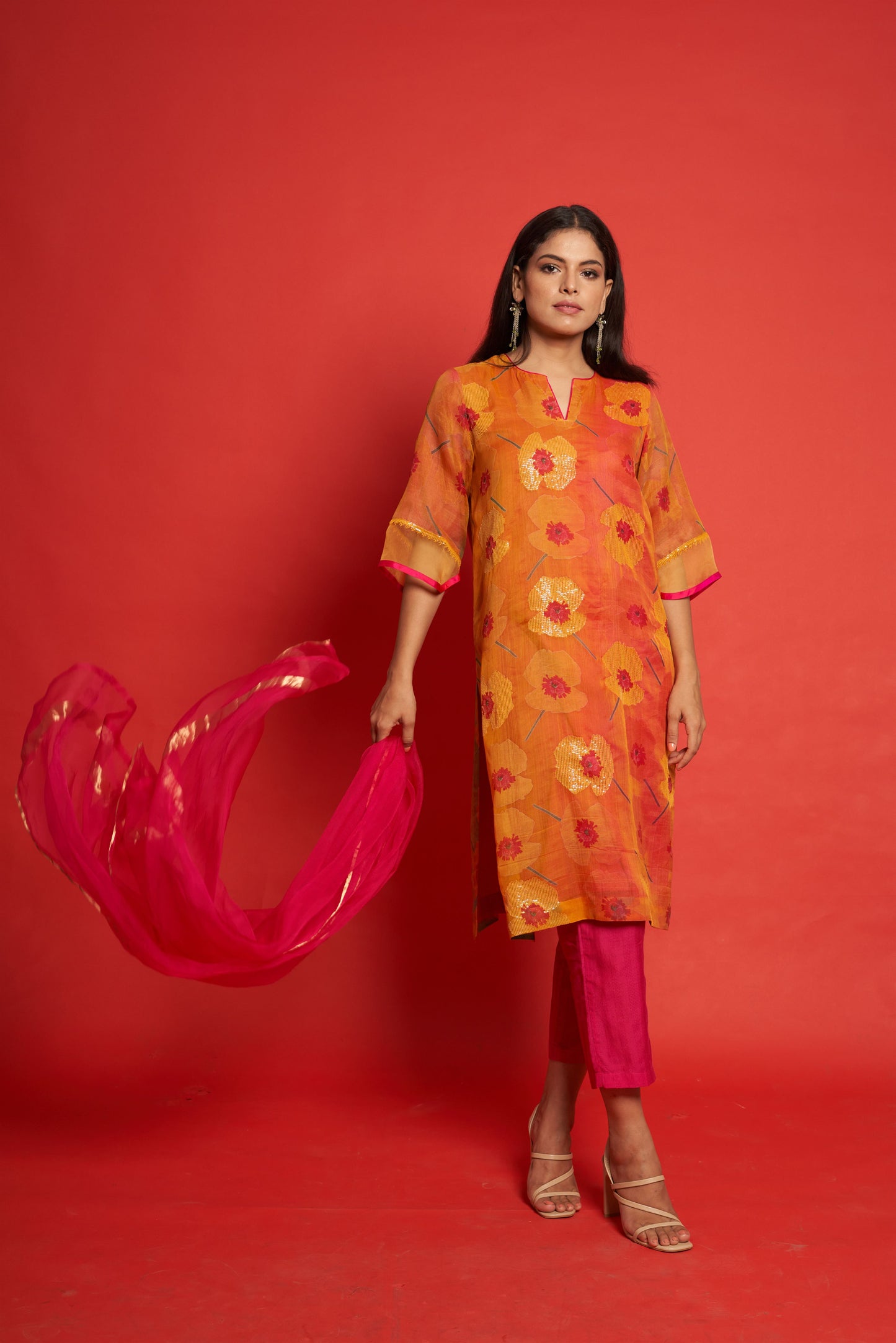 Poppy Orange Kurta Set (Set of 3)