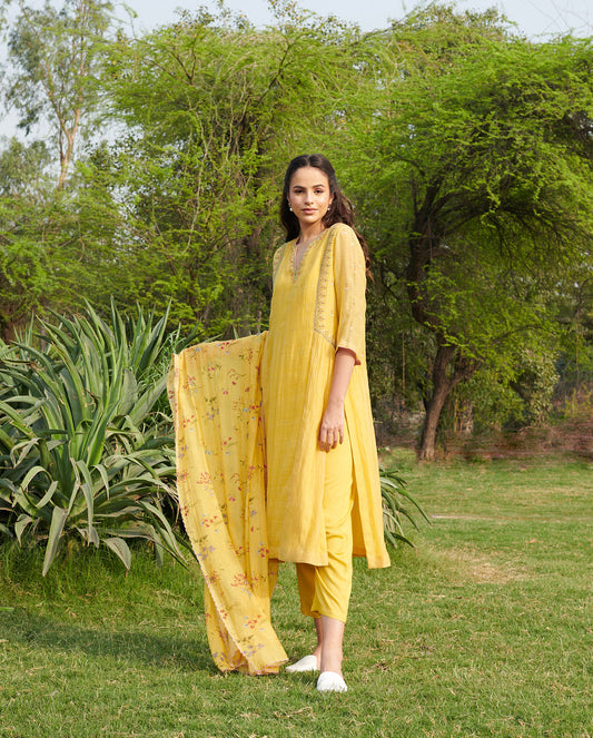 Bloom  Yellow  Kurta-Set (Set of 3)