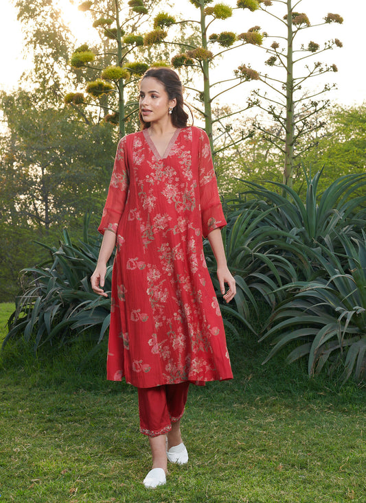 Floweret Red Floral Kurta-Set (Set of 2)