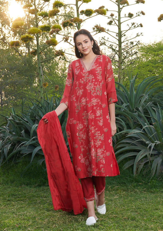 Floweret Red Floral Kurta-Set (Set of 3)