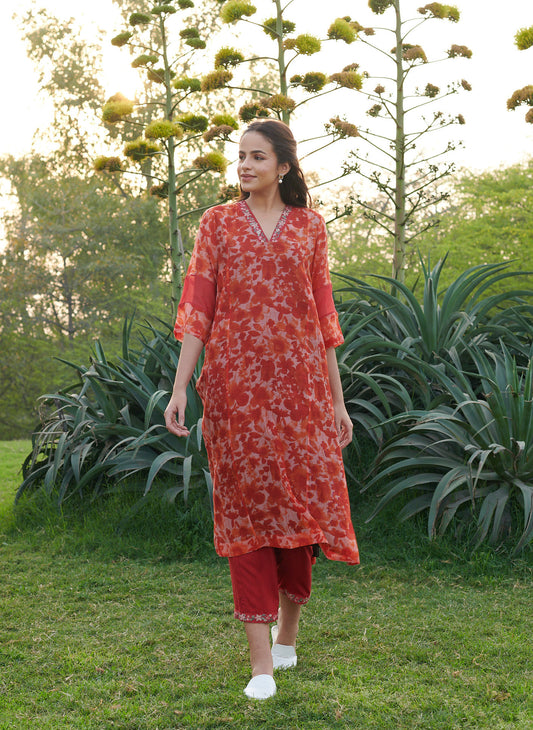 Joy Orange Floral Kurta-Set (Set of 2)