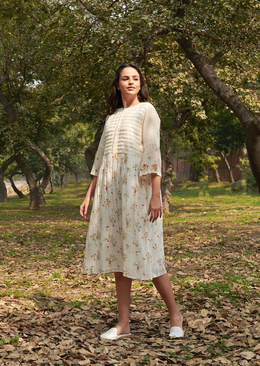 Joy White Floral-Pleated Dress