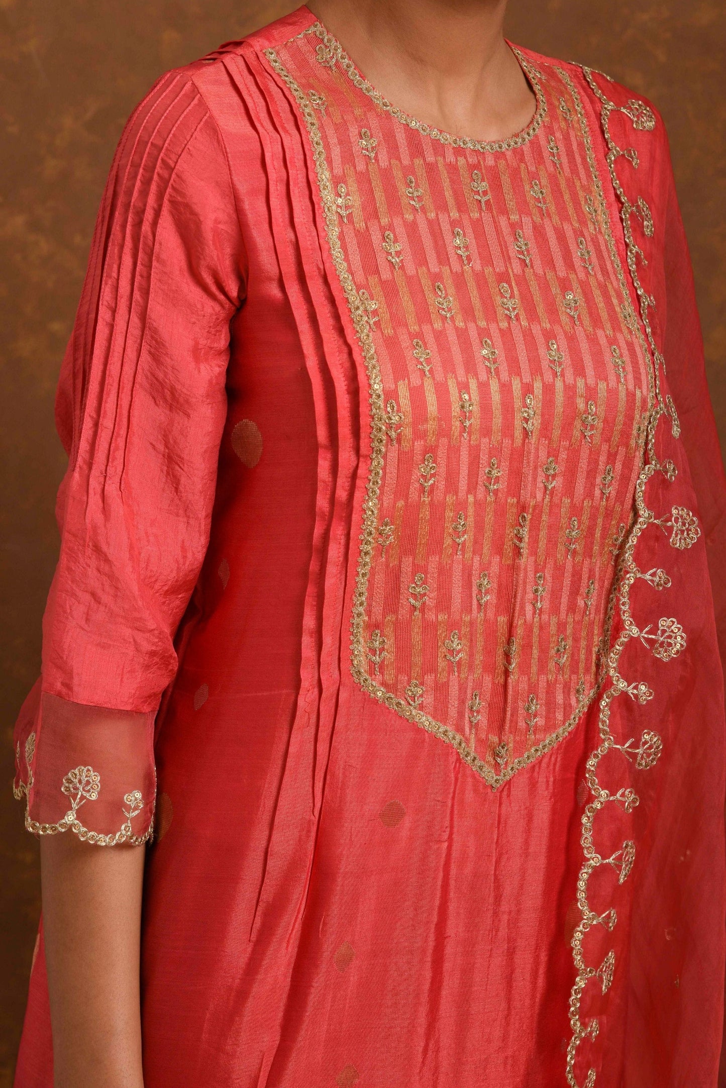 Riwayat Coral Red Kurta (Set of 3)