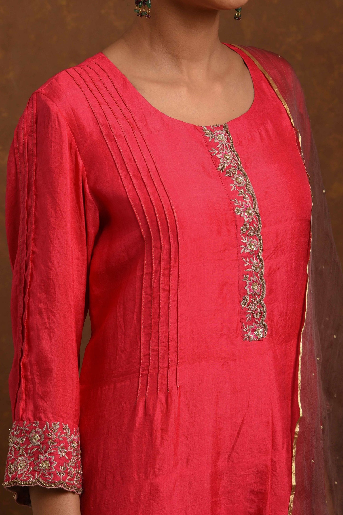 Surkh Coral-Red-Mocha Kurta (Set of 3)